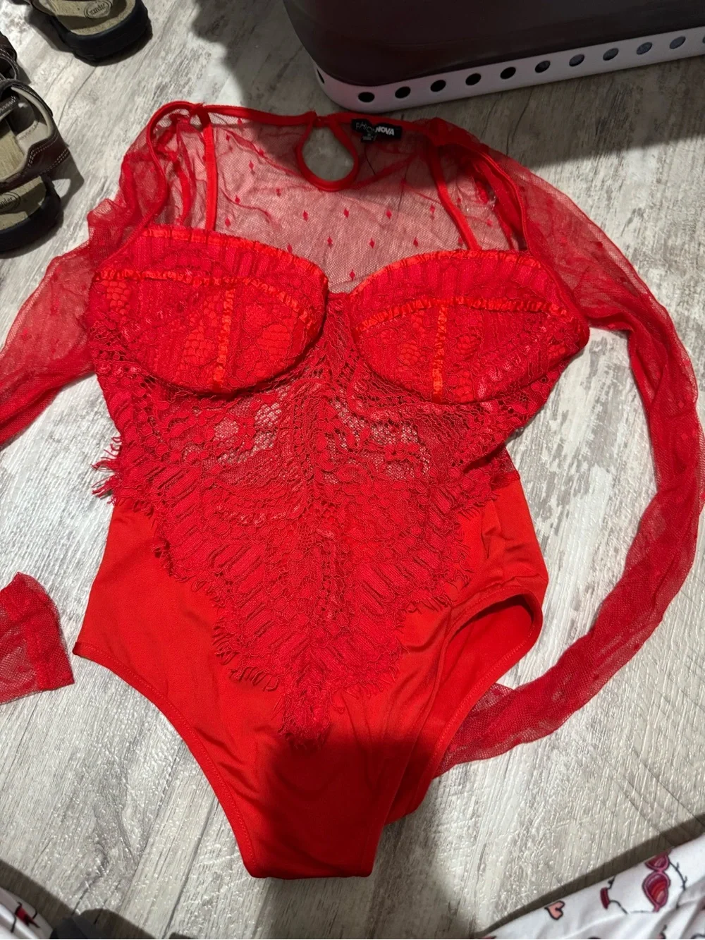 Red Lace Mesh Long-Sleeve Bodysuit -